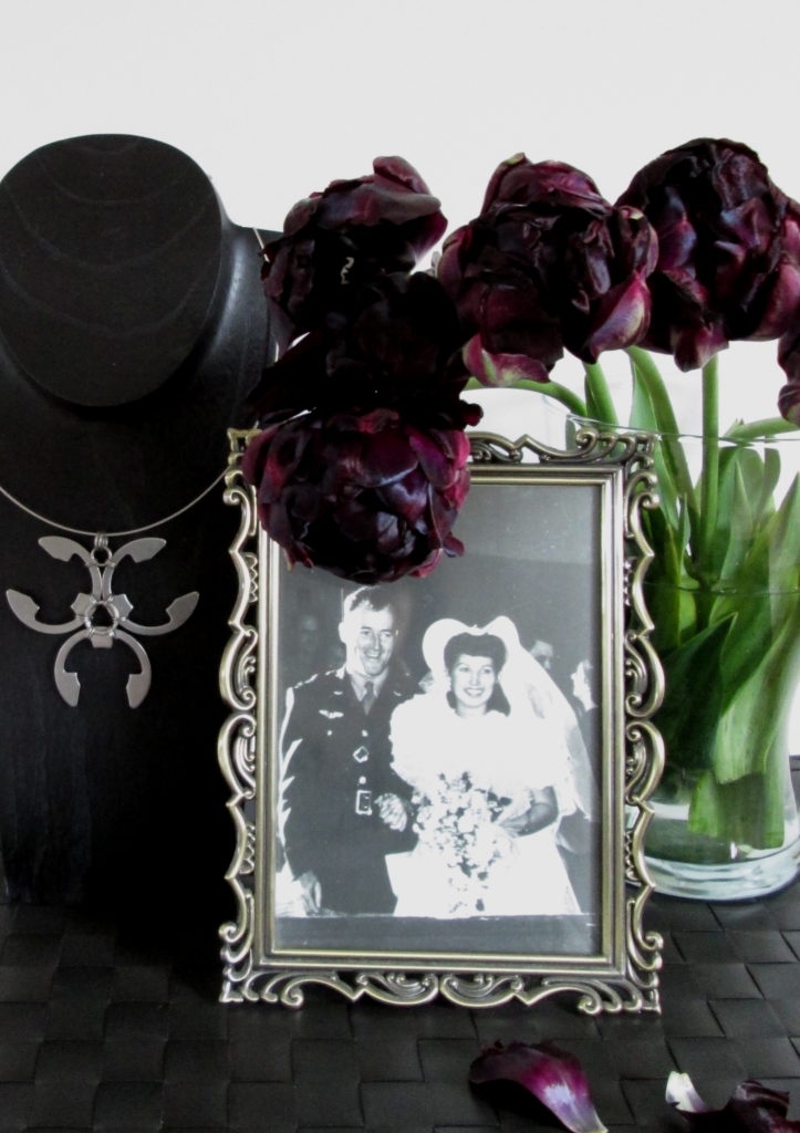 black peony tulips, my grandmother's wedding photo, & a bold pendant