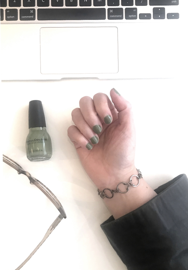 Baseline CXC Bracelet by Wraptillion, with olive green nail polish Sinful Colors Beau Khaki short nails (studio snapshot)