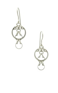 Photo of the Overlaid Earrings by Wraptillion (small modern silver-tone linked circles dangles.)