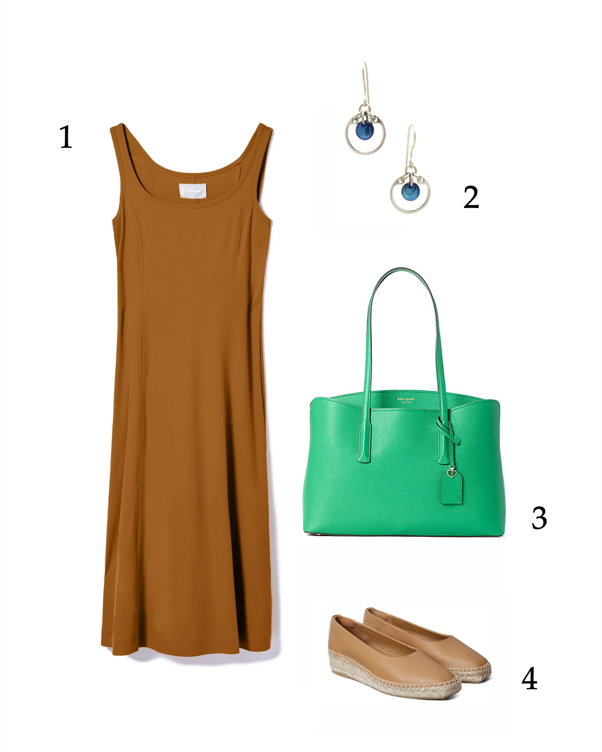 Easy summer outfit inspiration: caramel tank dress, navy earrings, green bag, tan espadrilles.