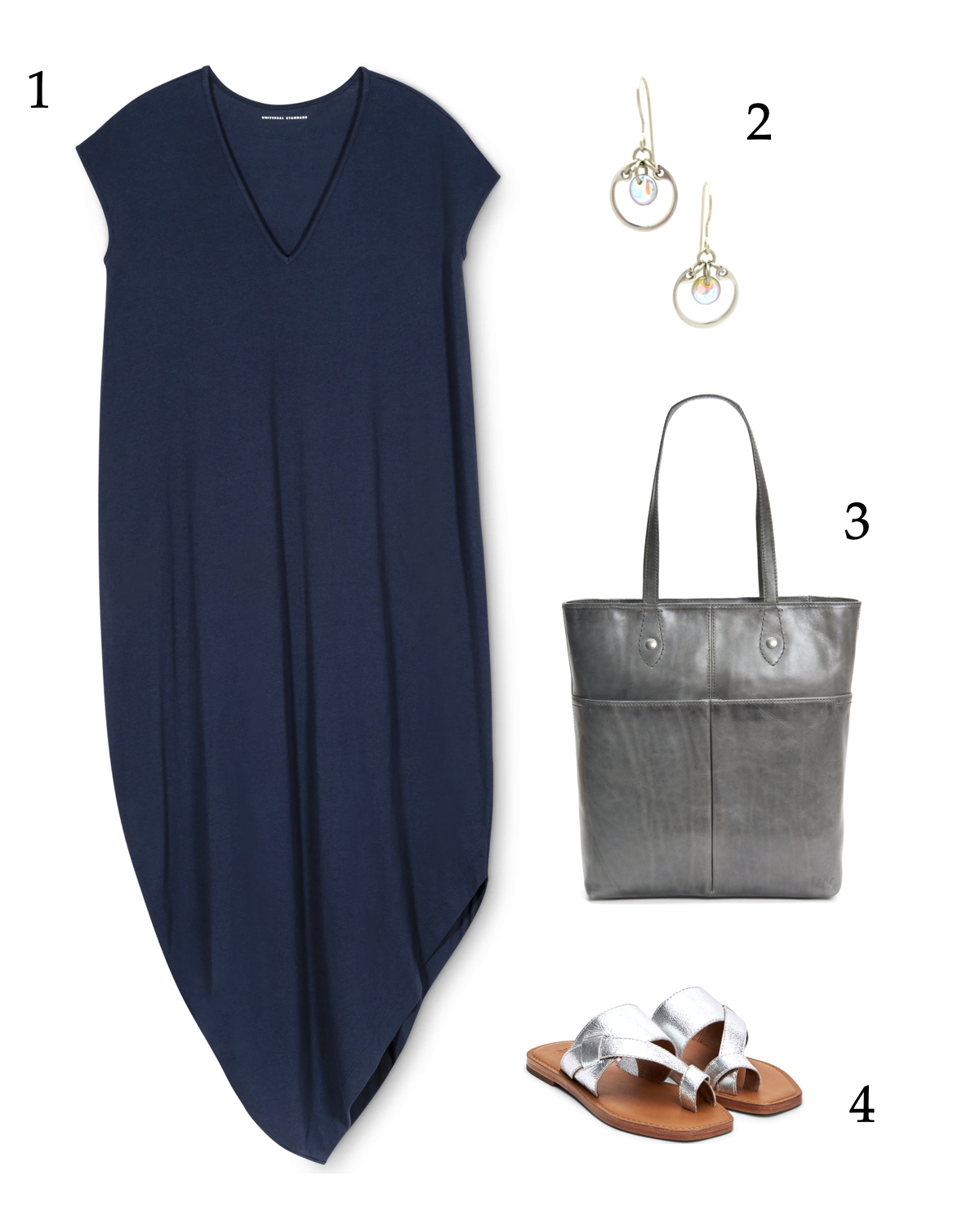 Summer outfit inspiration: an asymmetrical navy dress with silver accessories and simple classic earrings.