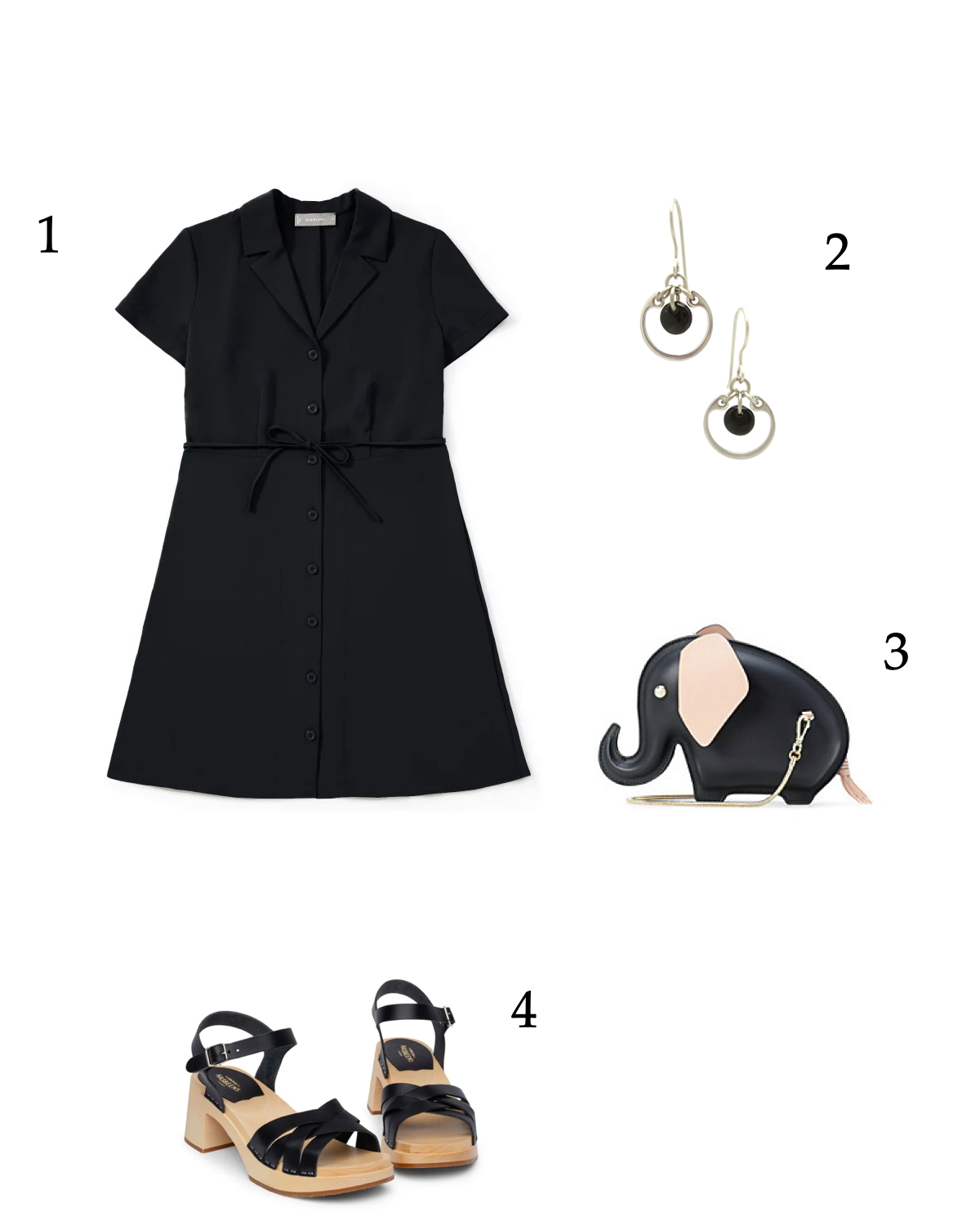 Summer black outfit idea for a fun lunch with friends: black dress, classic black earrings, black clog sandals, and a Kate Spade elephant bag. 