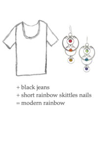 Outfit sketch featuring a white tee and Wraptillion's Cascading Rainbows Earrings. Text on image reads: + black jeans + short rainbow skittles nails = modern rainbow