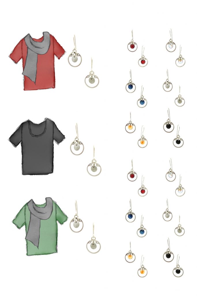 3 style sketches: a red tee with gray scarf, black tee, & green tee with grey scarf, with Wraptillion's small circle earrings in black, red, navy blue, orange, gray, and pale rainbow
