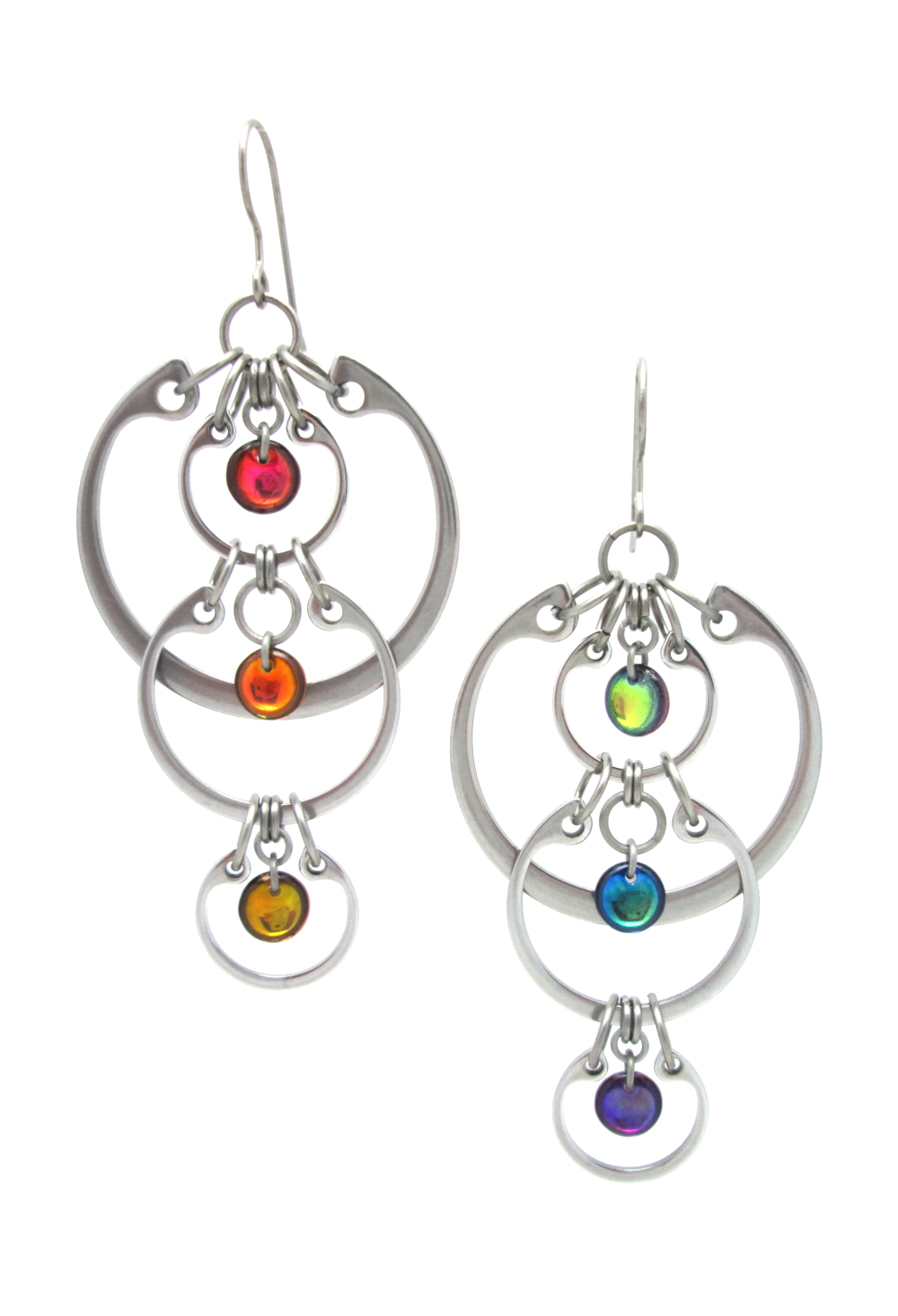 Photo of Wraptillion's modern linked circle Cascading Rainbow Earrings on a white background.