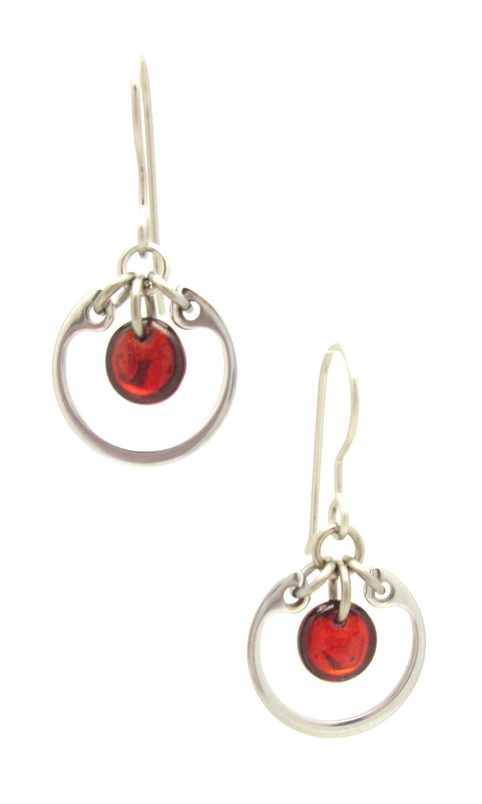 Wraptillion's Small Circle Earrings in red (small modern silver-tone dangle earrings)