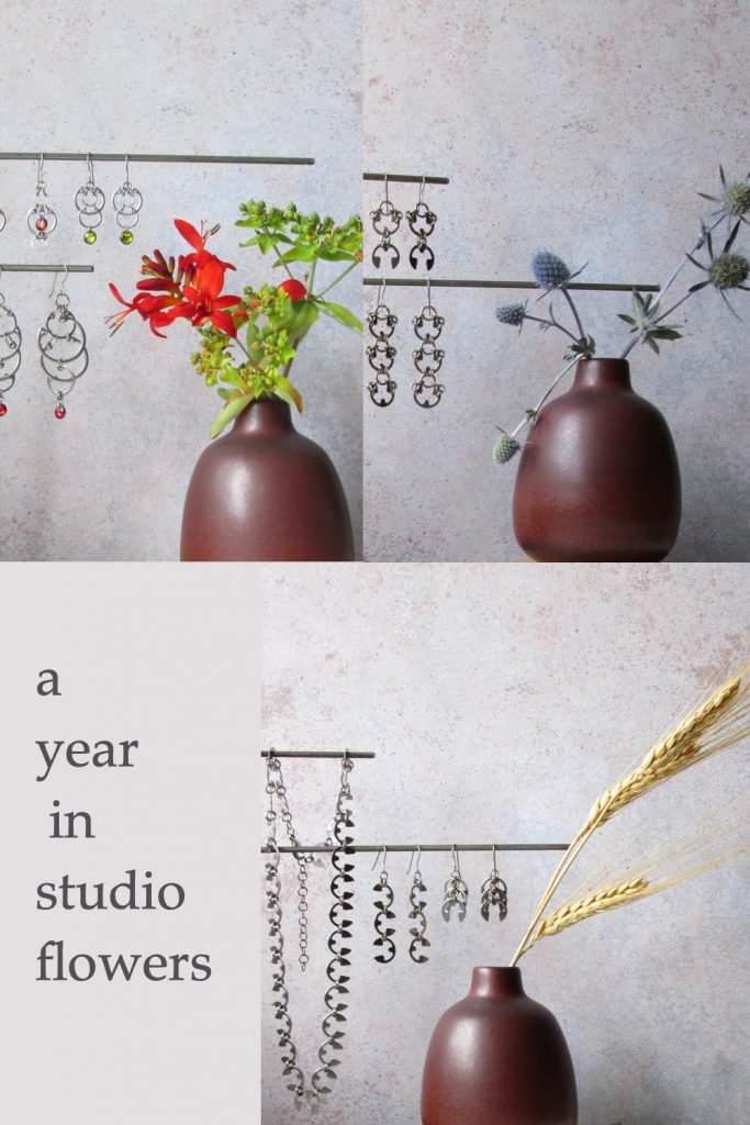 4 photos of small modern flower arrangements and Wraptillion jewelry from Wraptillion's studio flowers series, with dried wheat, sea holly, red crocosmia, and euphorbia; text on image reads "a year in studio flowers'