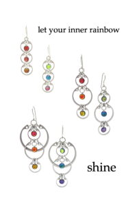 Three pieces from Wraptillion's modern Industrial Glass Rainbows jewelry collection: the Tripled Rainbow Earrings, Alternating Rainbow Earrings, and Cascading Rainbow Earrings, show linked circle and rainbows of Czech glass. Text on image reads: "let your inner rainbow shine"