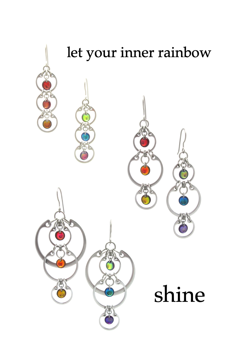 Three pieces from Wraptillion's modern Industrial Glass Rainbows jewelry collection: the Tripled Rainbow Earrings, Alternating Rainbow Earrings, and Cascading Rainbow Earrings, show linked circle and rainbows of Czech glass. Text on image reads: "let your inner rainbow shine"