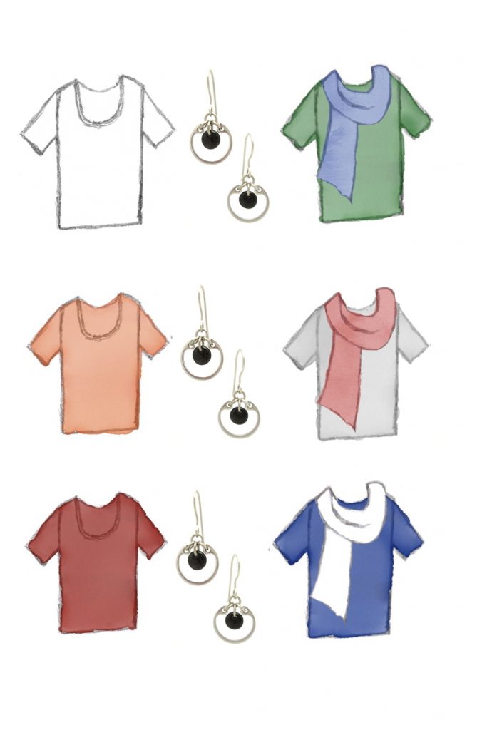 6 style sketches: a white tee, a pale orange tee, a red tee, a green tee with blue scarf, gray tee with pale red scarf, & blue tee with white scarf, with Wraptillion's small circle earrings in black