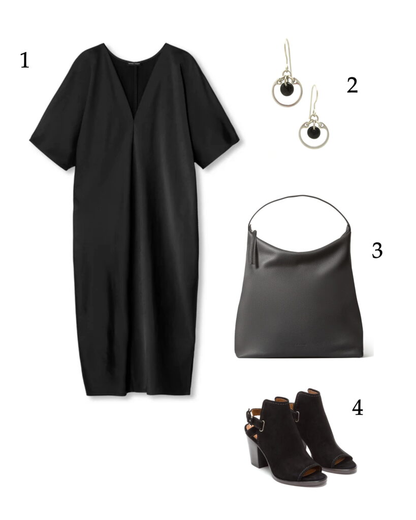 photo collage of a chic summer all-black outfit idea: a v-neck black dress, black bag, black slingback boots, and Wraptillion's small modern silver-toned circle earrings in black