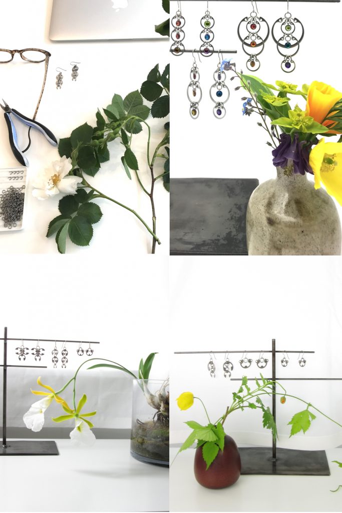 4 photos of small modern flower arrangements and Wraptillion jewelry from Wraptillion's studio flowers series, with alba roses, a rainbow bouquet, orchid Euchile mariae, and poppies and hops