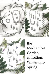 A compiled image of flatlays featuring bare and evergreen branches and early spring flowers surrounding modern botanical-inspired jewelry. Text on image reads: the Mechanical Garden collection: winter into spring.