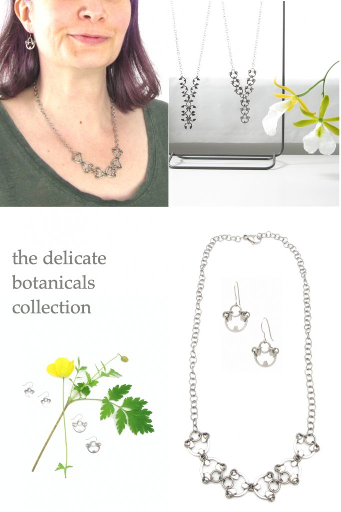 Several photoes of Wraptillion's Small Poppy Earrings and Scarab Necklace (modeled, flatlay, and with an orchid)