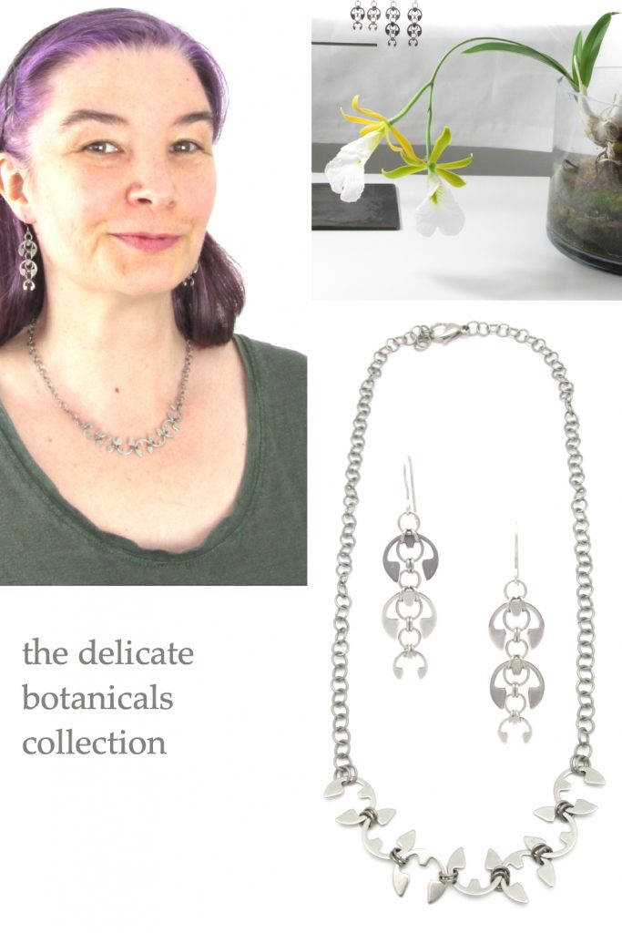 Several photoes of Wraptillion's Long Fuchsia Earrings and Vine Necklace (modeled, flatlay, and with an orchid)