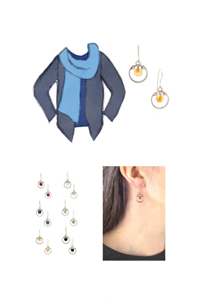 Compiled image with a style sketch of an outfit idea in shades of blue, with a dark blue tee, light blue scarf, & dusty indigo cardigan, with Wraptillion's small modern circle earrings in orange, Compiled image with a style sketch of an outfit idea in shades of blue, with a pale blue tee, violet blue scarf, & dusty indigo cardigan, a closeup modeled photo of the same earrings, and additional color choices for the small circle earrings.