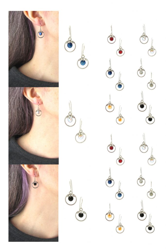 Compiled image of Wraptillion's small modern circle earrings with closeup modeled photos of the earrings, and color choices in red, pale rainbow, navy blue, gray, orange, and black.