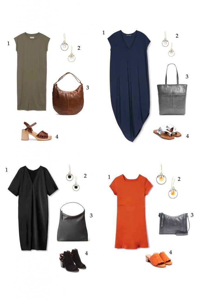 Compiled image of four easy casual but chic summer outfits featuring dresses, shoes, bags, and Wraptillion's modern small circle earrings