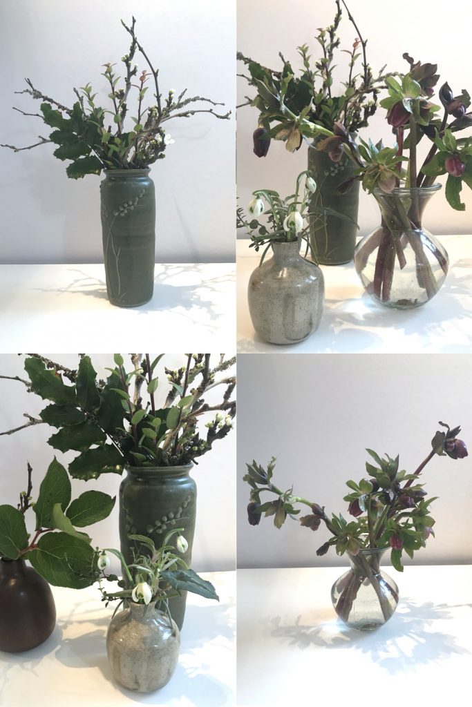 Compiled image of small winter flower arrangements in vases, with purple hellebores, mahonia, plum branches breaking into flower, and double snowdrops.