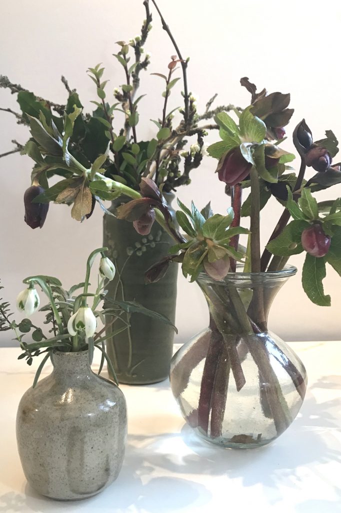 Photo of three small winter flower arrangements in vases, with purple hellebores, mahonia, plum branches breaking into flower, and double snowdrops.