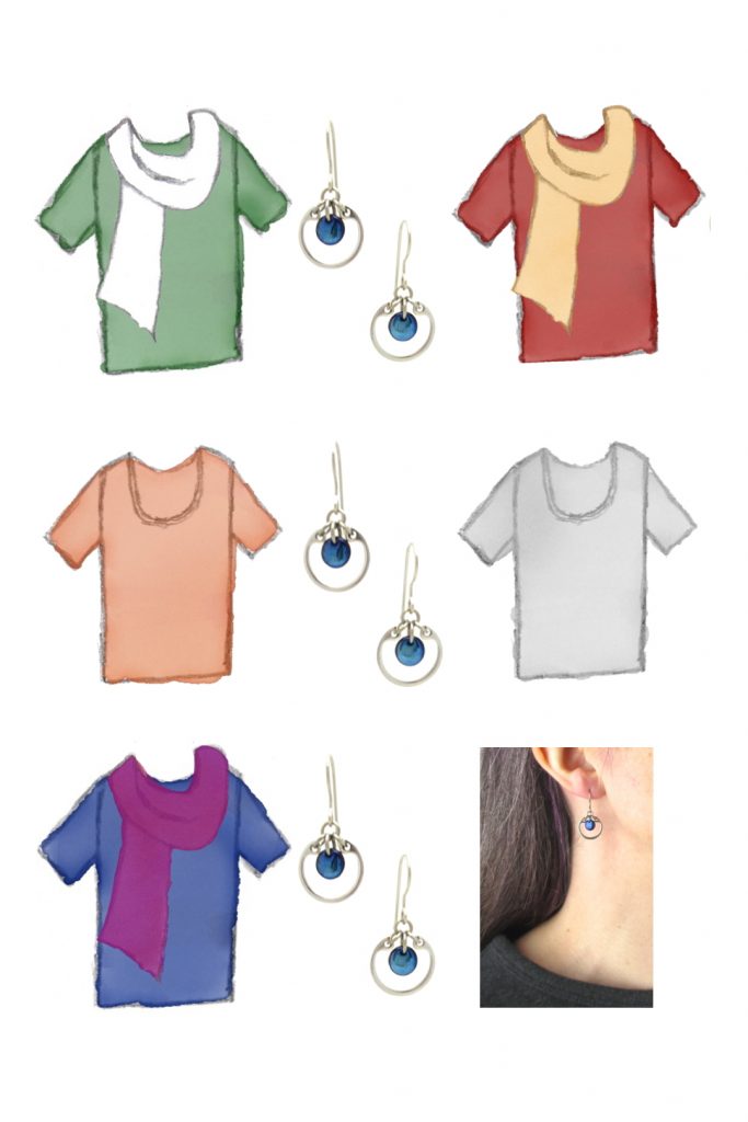 5 style sketches of a t-shirt in green with white scarf, orange, blue with fuchsia scarf, red with pale orange scarf, & gray, styled with Wraptillion's silver-toned modern small circle earrings in navy, also with a modeled closeup photo