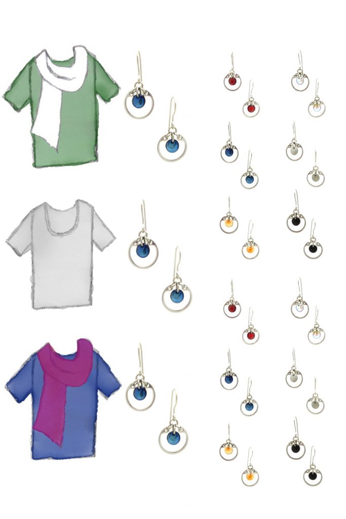 3 style sketches: a green tee with white scarf, gray tee, & blue tee with fuchsia scarf, with Wraptillion's modern small circle earrings in black, red, navy blue, orange, gray, and pale rainbow