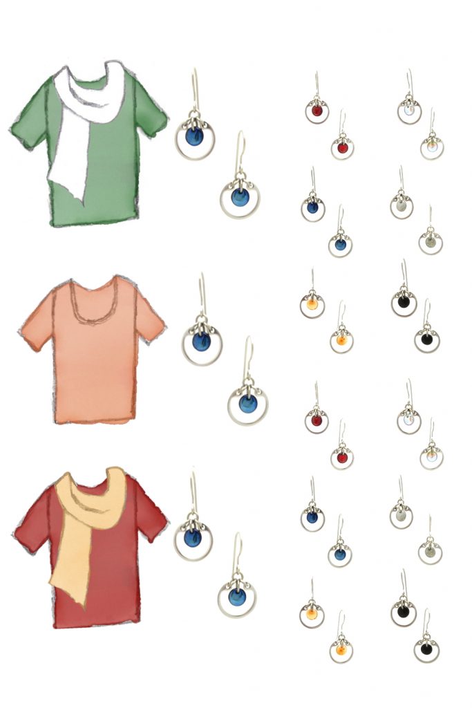 3 style sketches: a green tee with white scarf, orange tee, & red tee with pale orange scarf, with Wraptillion's modern small circle earrings in black, red, navy blue, orange, gray, and pale rainbow