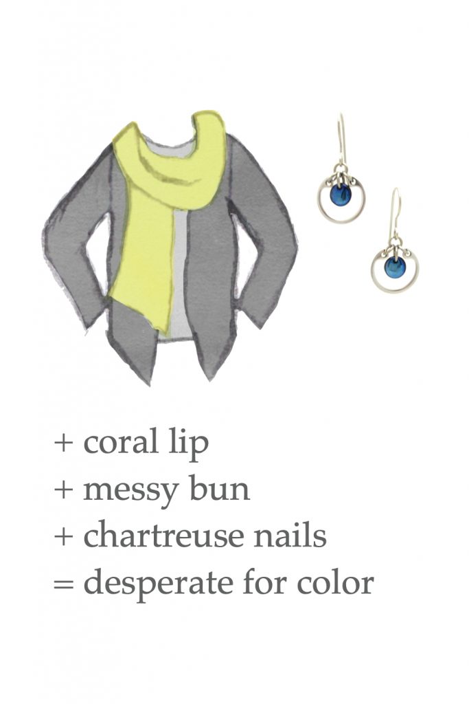 Style sketch of an outfit idea, with a light gray tee, chartreuse green scarf, & dark grey cardigan, with Wraptillion's small modern circle earrings in navy. Text on image reads: + coral lip + messy bun + chartreuse nails = desperate for color.