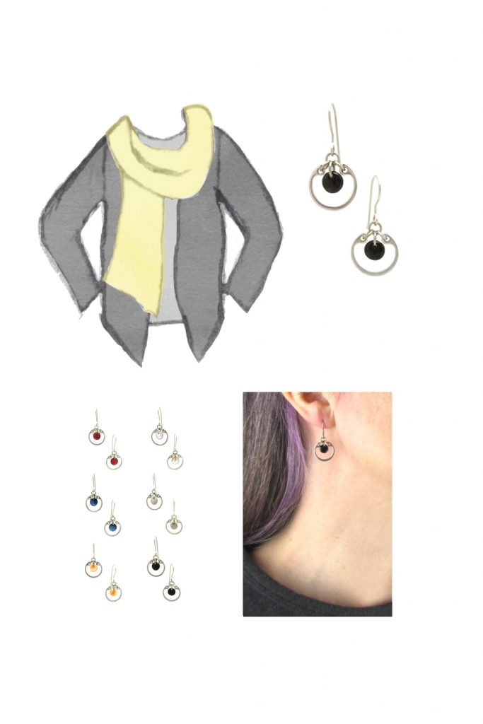 Compiled image with a style sketch of an outfit idea, with a light gray tee, dark grey cardigan, & pale yellow scarf, with Wraptillion's small modern circle earrings in black, a closeup modeled photo of the same earrings, and additional color choices for the small circle earrings.