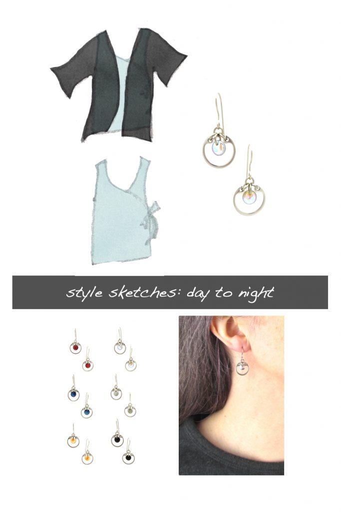 Compiled image with a style sketch of an outfit idea, with an ice blue sleeveless wrap top & black cardigan, with Wraptillion's small modern circle earrings in pale rainbow, a closeup modeled photo of the same earrings, and additional color choices for the small circle earrings. Text on image reads: style sketches: day to night.