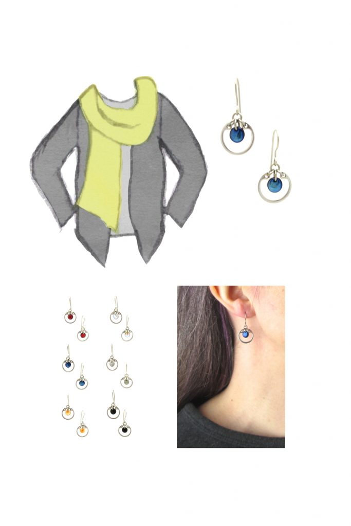 Compiled image with a style sketch of an outfit idea, with a light gray tee, dark grey cardigan, & chartreuse green scarf, with Wraptillion's small modern circle earrings in navy blue, a closeup modeled photo of the same earrings, and additional color choices for the small circle earrings.