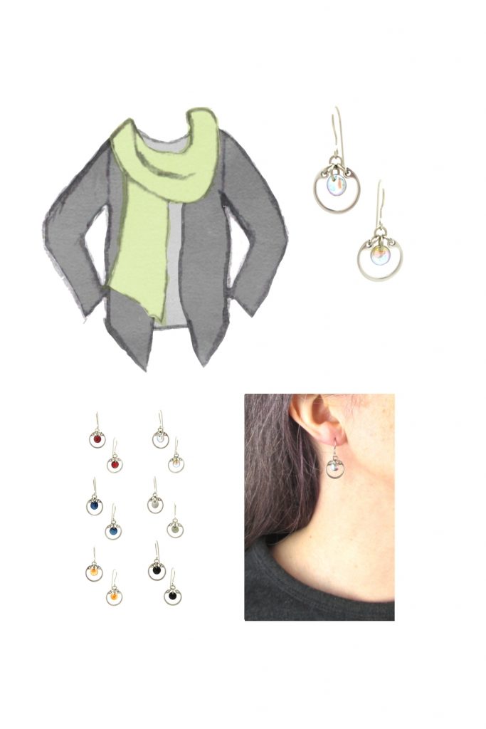Compiled image with a style sketch of an outfit idea, with a light gray tee, dark grey cardigan, & celadon green scarf, with Wraptillion's small modern circle earrings in pale rainbow, a closeup modeled photo of the same earrings, and additional color choices for the small circle earrings.