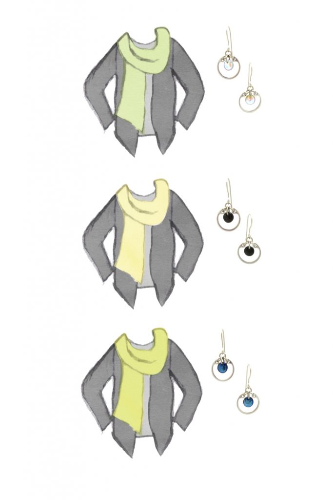 3 style sketches: a light gray tee & dark grey cardigan with celadon green, pale yellow, or chartreuse scarf, with Wraptillion's modern small circle earrings in pale rainbow, black, and navy blue.