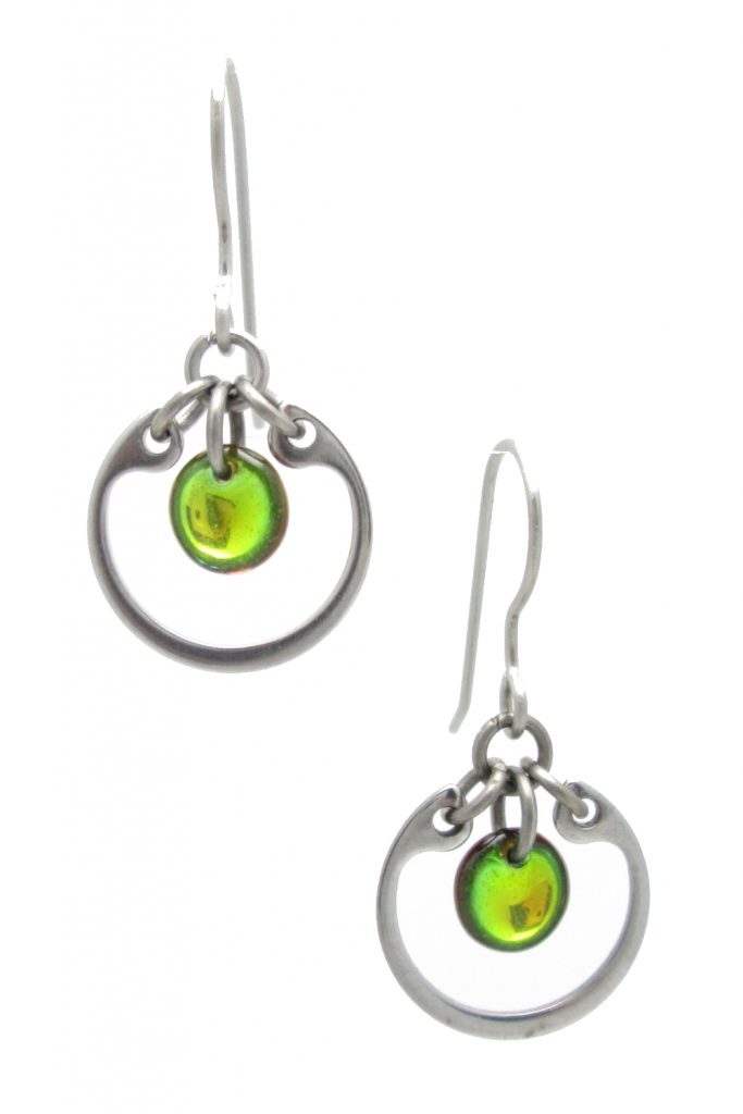 Wraptillion's modern small circle earrings in limited seasonal color chartreuse green.