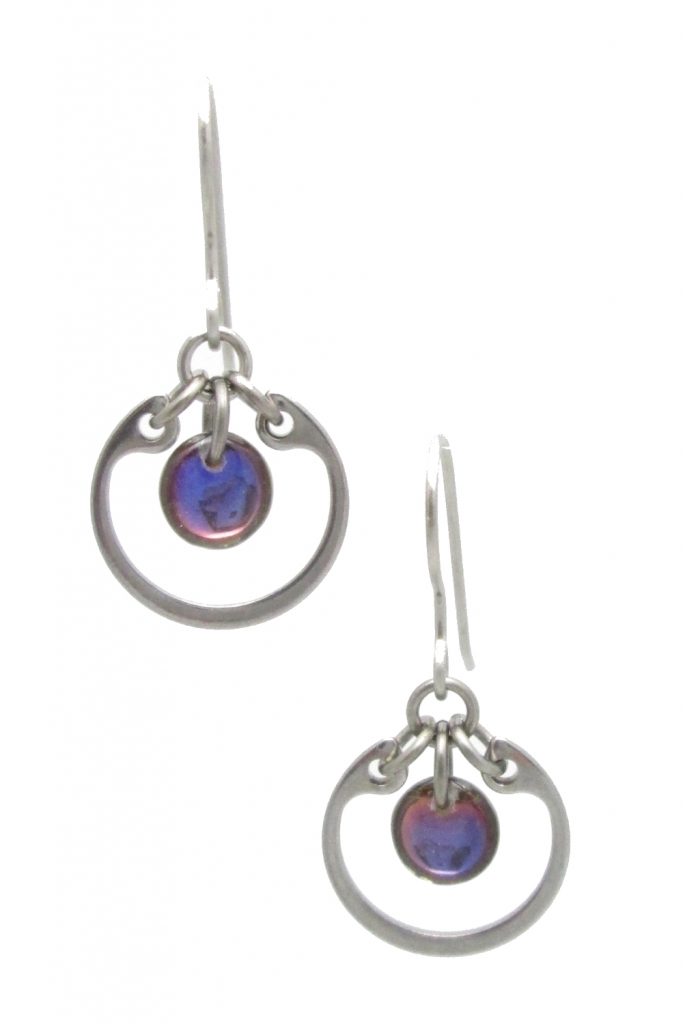 Wraptillion's modern small circle earrings in limited seasonal color lavender purple.