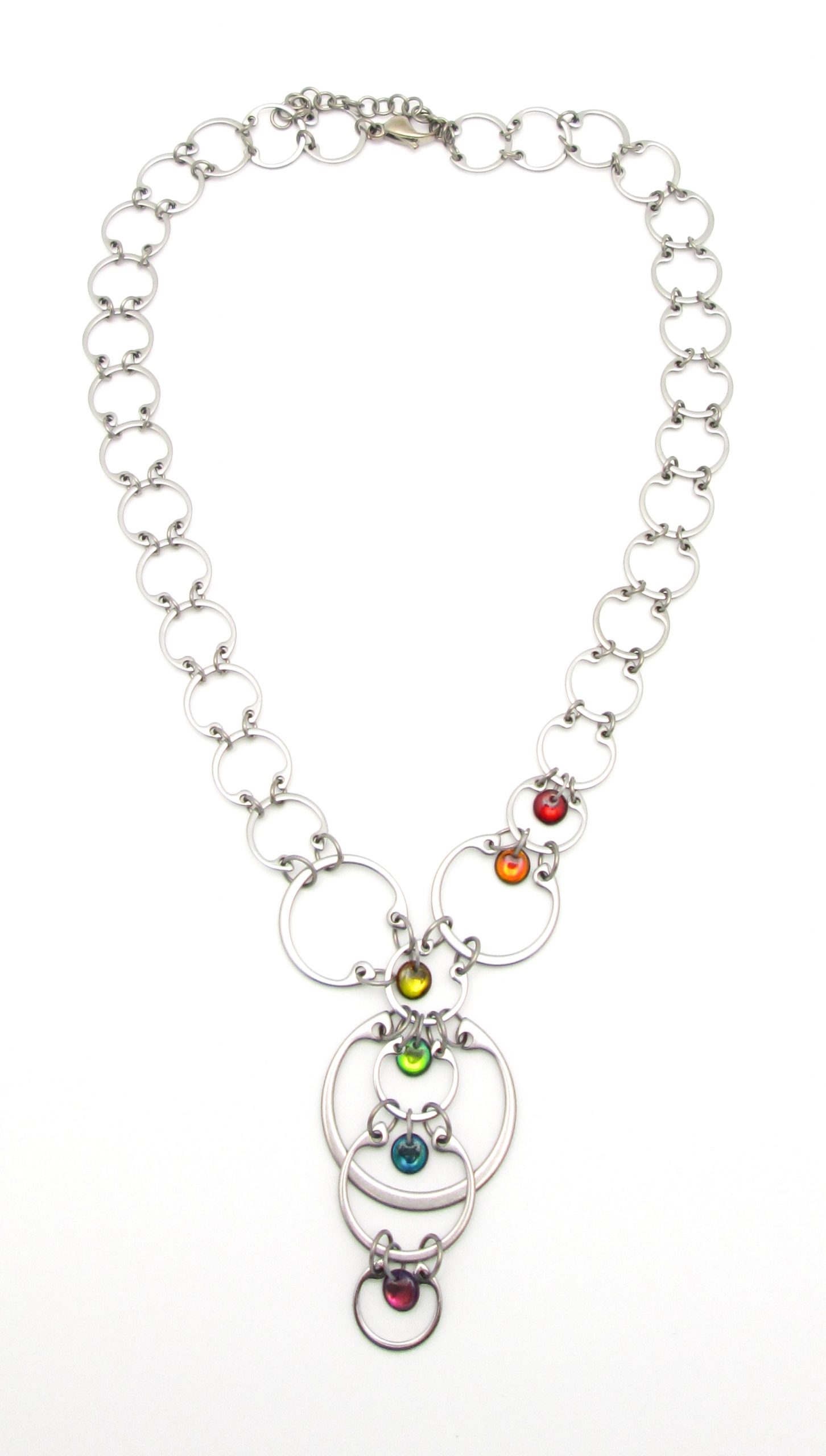 Wraptillion's Cascading Rainbow Circles Necklace, from the Industrial Glass Rainbows modern jewelry collection