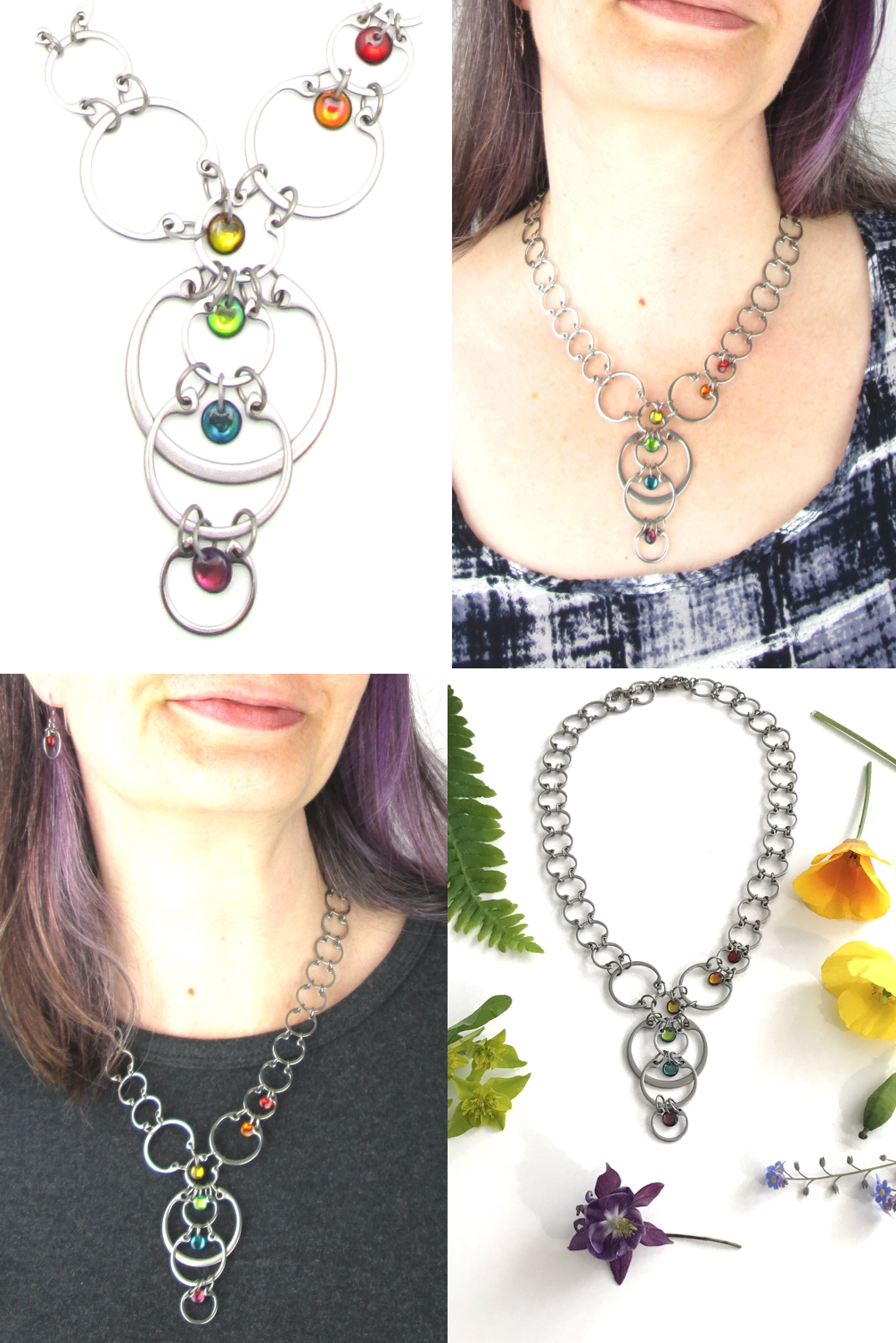 4 photos of Wraptillion's Cascading Rainbow Circles Necklace compiled to form a grid: detail, cropped modeled image with black & white top, cropped modeled image with dark gray top, flatlay with a rainbow of flowers.