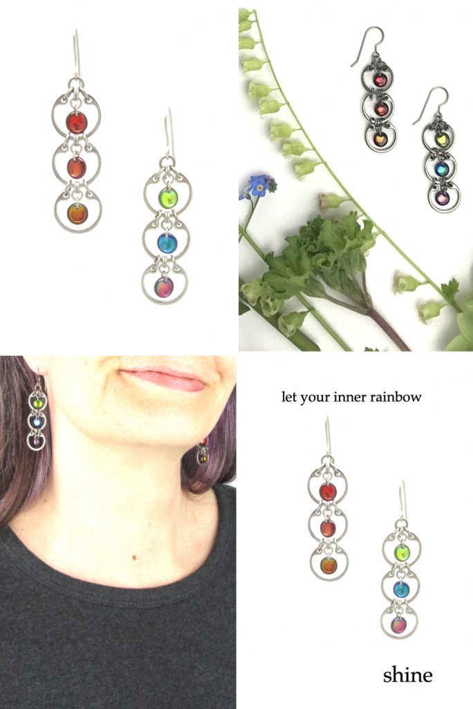 4 photos of Wraptillion's Tripled Rainbow Earrings form a grid, including a close cropped modeled photo and a photo with blue and green flowers. Text on image reads: let your inner rainbow shine
