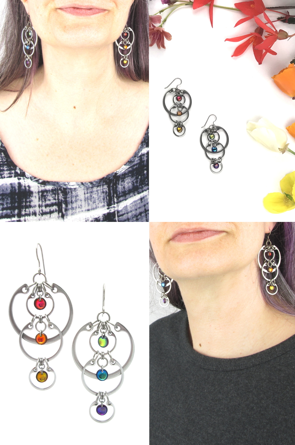 Compiled image featuring Wraptillion's Cascading Rainbow Earrings: cropped modeled photo with graphic black and white top; cropped modeled photo with dark gray shirt; botanical rainbow flatlay; white background.