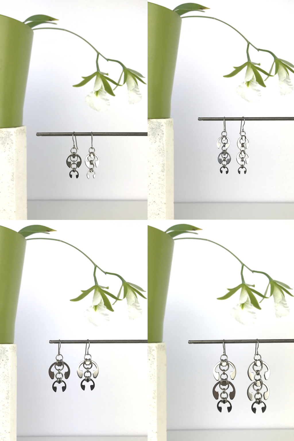 Compiled image of 4 photos featuring Wraptillion's Short and Long Fuchsia Earrings, Hops Earrings, and Laburnum Earrings with blooming orchid Encyclia mariae in a green cachepot.