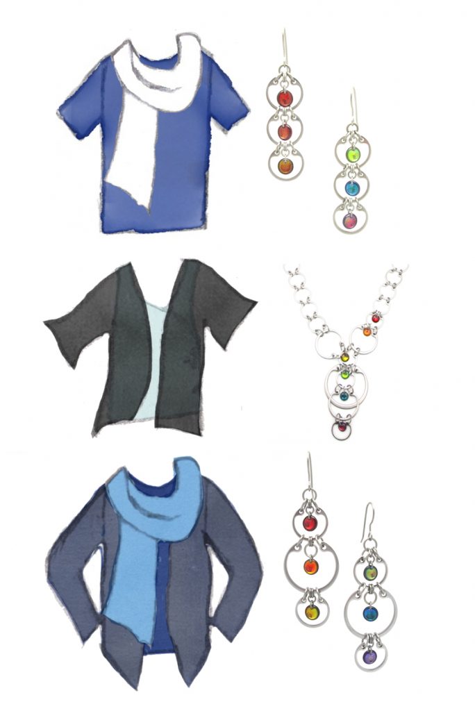 three style sketches combine blue, white, and black tops and scarves with photos of Wraptillion's Tripled Rainbow Earrings, Cascading Rainbow Necklace, and Alternating Rainbow Earrings.
