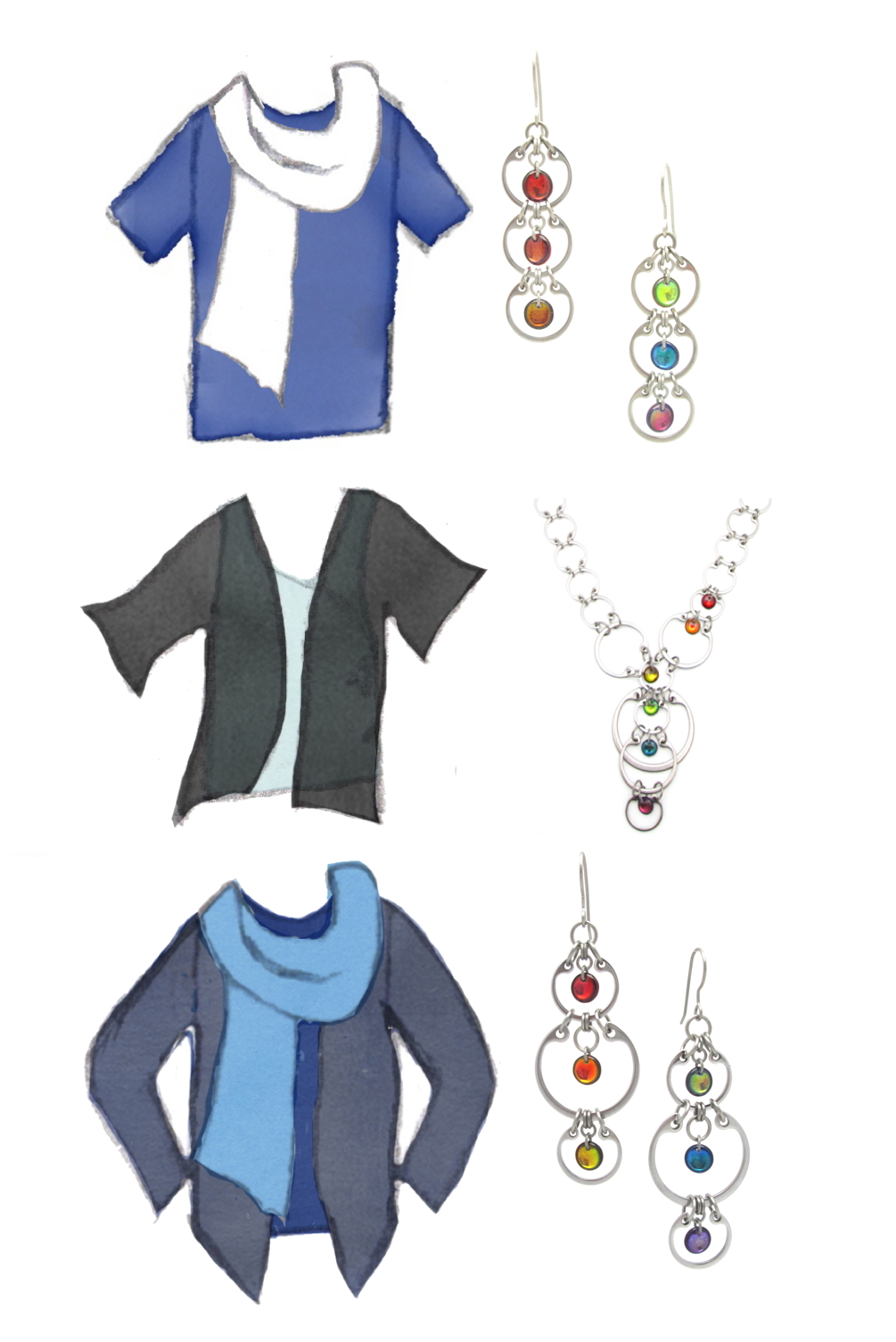 three style sketches combine blue, white, and black tops and scarves with photos of Wraptillion's Tripled Rainbow Earrings, Cascading Rainbow Necklace, and Alternating Rainbow Earrings.