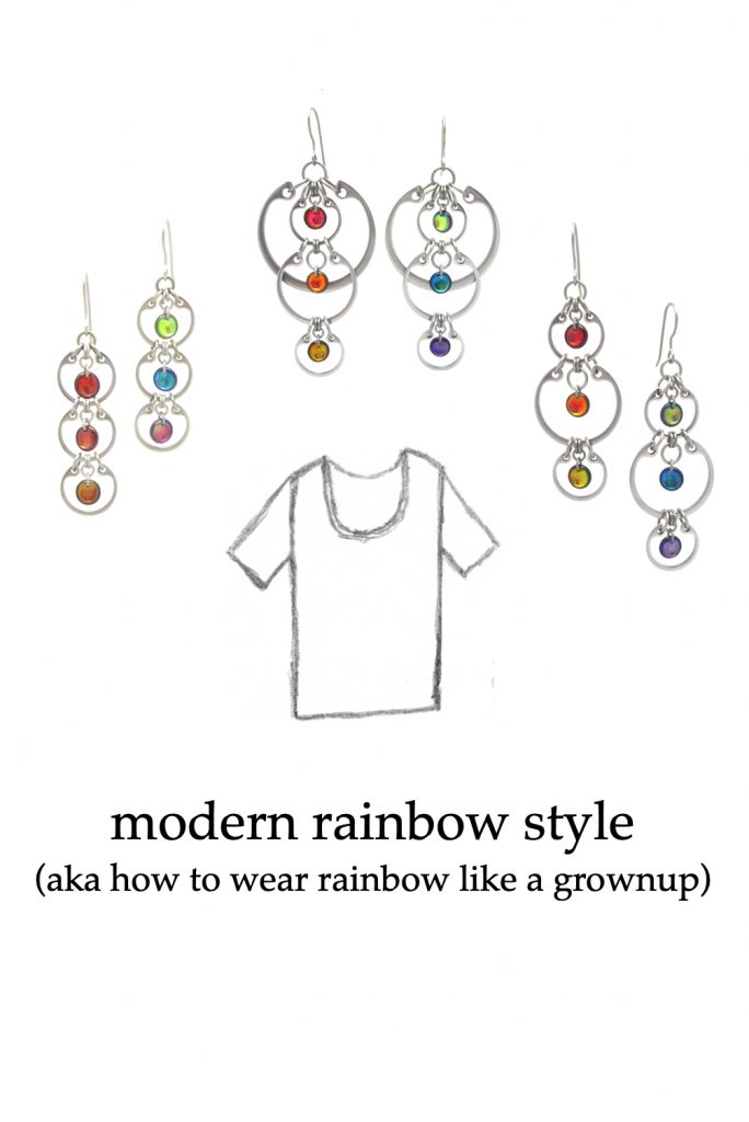 Photos of Wraptillion's modern linked circles earrings with rainbow glass, including the Cascading Rainbow Earrings, Alternating Rainbow Earrings, and Tripled Rainbow Earrings, with a pencil sketch of a scoop-neck tee. Text on image reads: modern rainbow style (aka how to wear rainbow like a grownup)