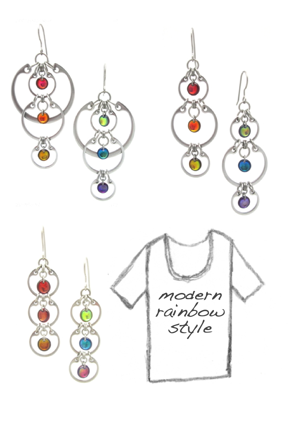 Photos of Wraptillion's modern linked circles earrings with rainbow glass, including the Cascading Rainbow Earrings, Alternating Rainbow Earrings, and Tripled Rainbow Earrings, with a pencil sketch of a scoop-neck tee that reads "modern rainbow style."