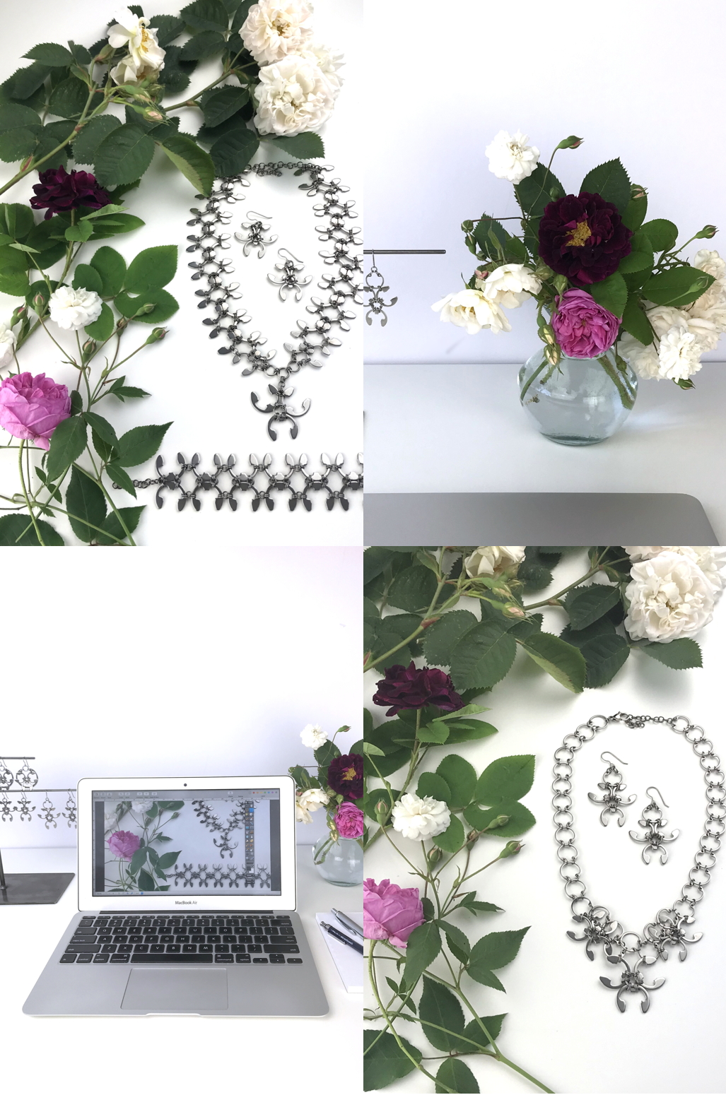 Compiled image of flowers on a desk workspace, featuring a laptop and a small arrangement of old roses (Rosa alba, Rosa gallica officinalis, moss rose 'Capitaine John Ingram', & 'Felicite et Perpetue') with jewelry from the Mechanical Garden collection in Wraptillion's studio.