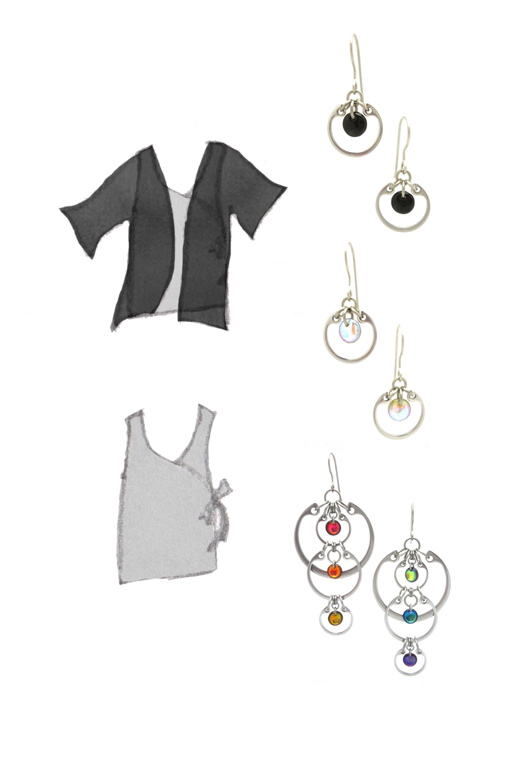 style sketch of a sleeveless gray wrap top with and without a short-sleeve black cardigan, with photos of Wraptillion's Small Circle Earrings in black and pale rainbow, plus the Cascading Rainbow Earrings.