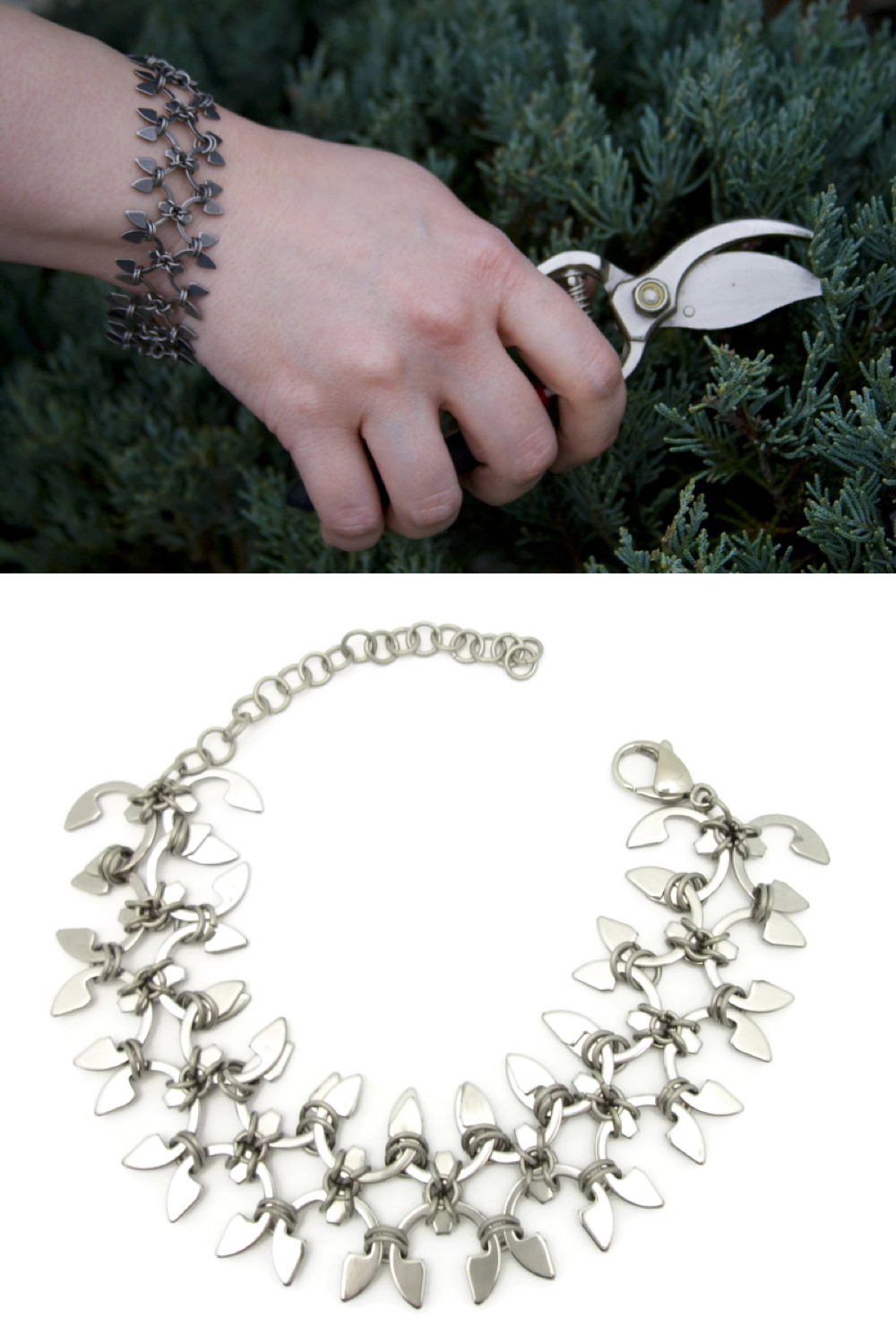 Compiled image: a photo of a hand holding pruners in front of an evergreen, wearing Wraptillion's Wisteria Bracelet, above the bracelet curved into a circle.