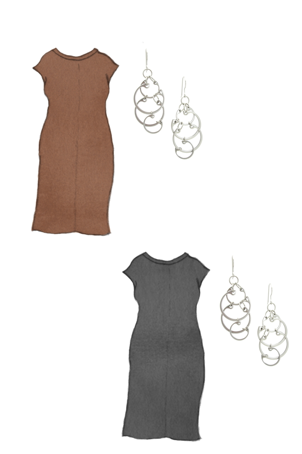 Style sketch of Everlane's Luxe Cotton Side-Slit Tee Dress in black and brown, with Wraptillion's Large Clustered Circles Earrings (modern overlapping circles statement earrings).