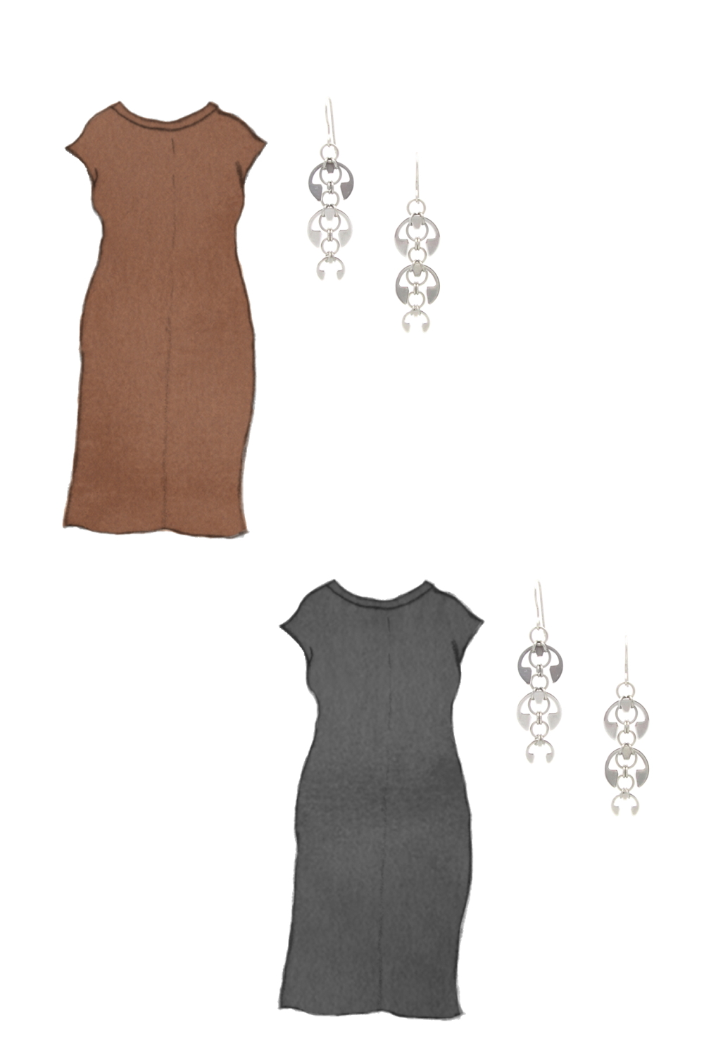 Style sketch of Everlane's Luxe Cotton Side-Slit Tee Dress in black and brown, with Wraptillion's Laburnum Earrings (modern delicate chandeliers).