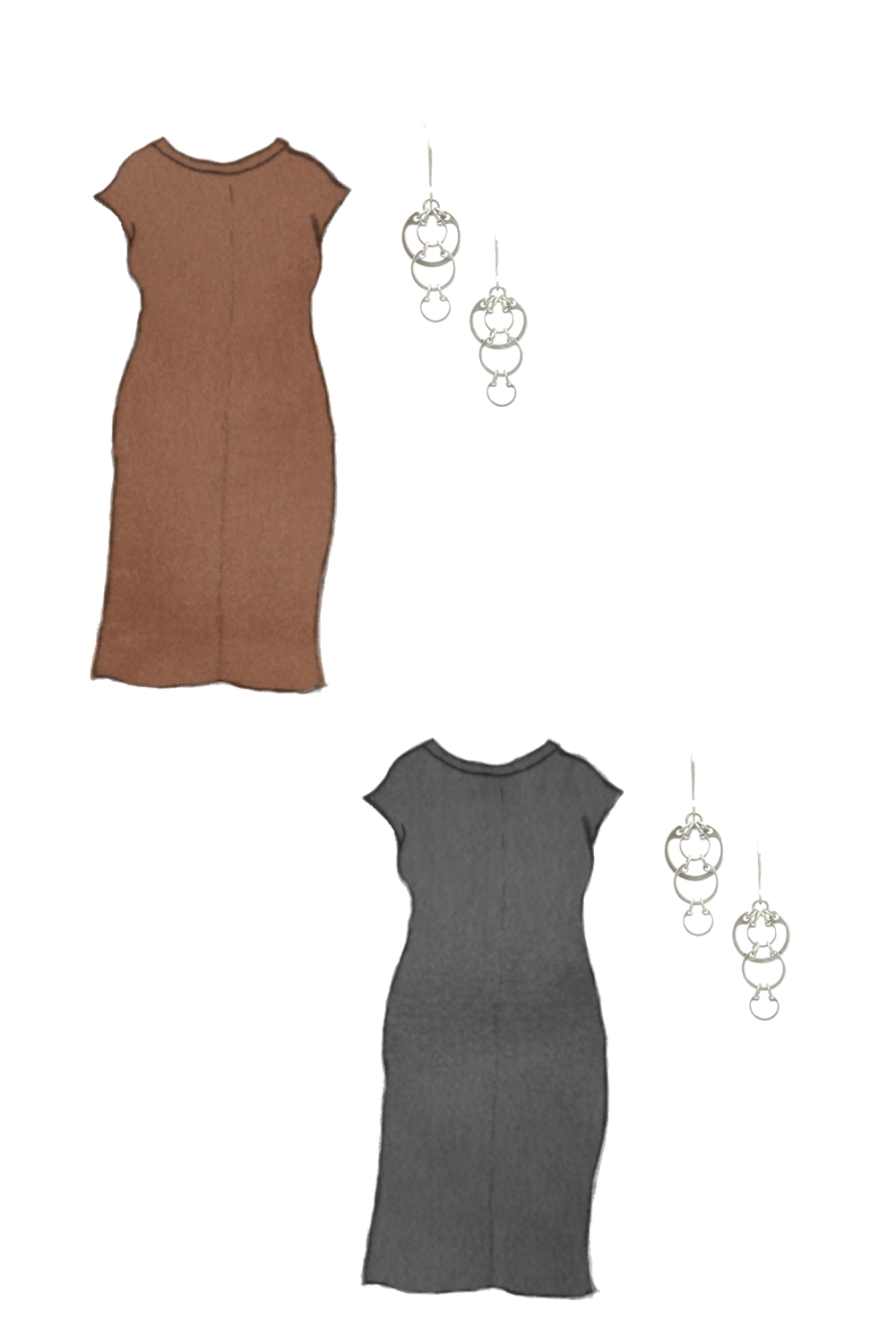 Style sketch of Everlane's Luxe Cotton Side-Slit Tee Dress in black and brown, with Wraptillion's Small Cascading Circles Earrings (delicate short linked circles dangles).